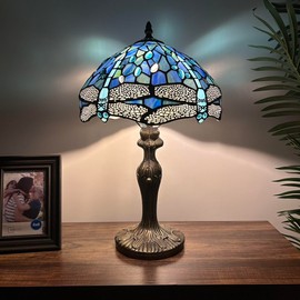enjoy decor lamps Tiffany Table Lamp Blue Stained Glass Dragonfly LED Bulb Included Pull Chain Switch for Living Room Bedroom Bedside 12" W*12" D*19" H