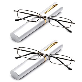 Pocket Readers Ultra Slim Compact Spring Te+D4:E23mple Reading Glasses w/Portable Pocket Clip Aluminum Case Silver +2.75