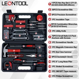 LEONTOOL 146 PCS Home Tool Kit with Hammer, Pliers, Wrenches, Measure Tape, Screwdrivers, Sockets, Small Household Hand Tool Kit with Plastic Toolbox for Home, Garage, Office and College Dormitory Use