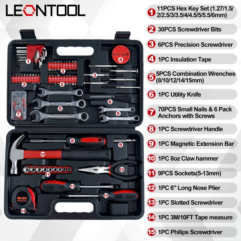 LEONTOOL 146 PCS Home Tool Kit with Hammer, Pliers, Wrenches,