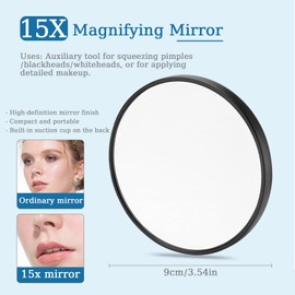 Brrnoo 15X Magnifying Mirror Suction Cups, Used for Makeup Eyebrows Tweezing, Blackhead Blemish Removal, Magnification Round Magnified Mirror,Makeup Application