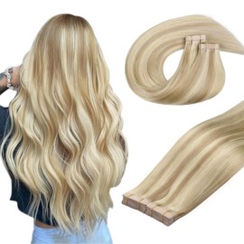 DOORES Real Hair Tape-In Extensions, Dark Blonde, Highlighted Bleach Blonde, 50 cm (20 Inches), 100 g, 40 Pieces, Hair Extensions, Real Hair, Remy Hair, Natural Hair