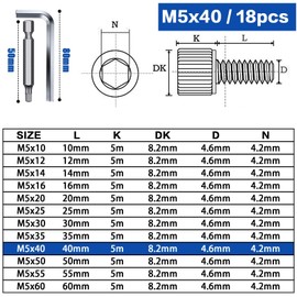 TXXATX Pack of 18 Screws M5 x 40 mm Cylinder Head Screws DIN 912 Stainless Steel A2 V2A Hexagon Head Screws with Hexagon Socket Full Thread Allen Screws for Mechanical Furniture Repair