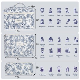 Makeup Bag,3 PCS Cotton Quilted Cosmetic Bag Set,Large Travel Makeup Bag for Women,Cute Toiletry Pouch Tote Purse Organizer