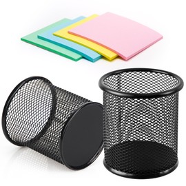 AIMI Large Capacity Pencil Case Container 2 Pack 3.5 inch Metal Mesh Cup Office School Home Desk Pen Storage Organizer Can Makeup Holder Round Black with 100 Sheets Sticky Notes