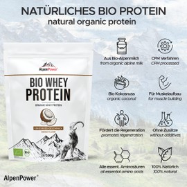Alpenpower AlpenPower BIO WHEY Protein Kokosnuss 1 kg - 100% natürliche Zutaten & ohne Zusatzstoffe - Hochwertiges CFM Eiweiß-Pulver aus bester Bio-Alpenmilch