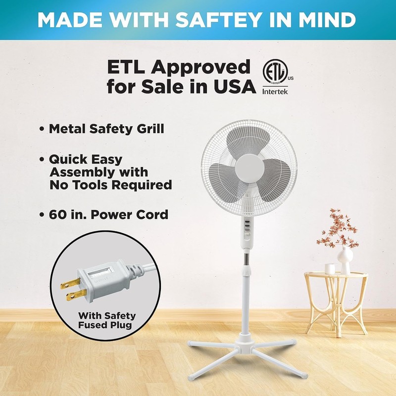EZ-CHILL 16” Oscillating Pedestal Fan, 3-speed Options, 90-Degree Oscillating Head,