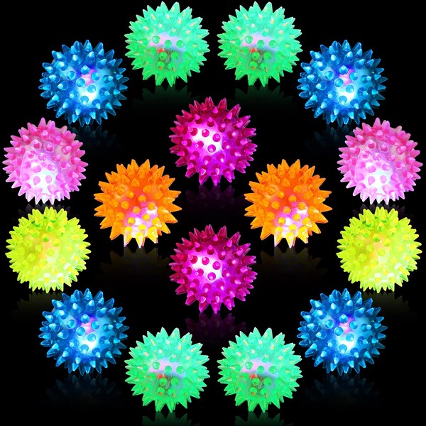 18 Pieces Light up Balls Light up Spike Rubber Ball Party Favors Fidget Spiky Toy Stress Relief Led Flashing Spiky Balls with Rope Flash Squeaky Ball for Adults, Teens