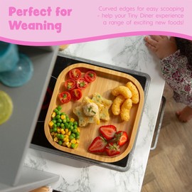 Tiny Dining Baby Plate & Fork Set - White - 2pc - Square - Divided Non-Slip Bamboo Self-Feeding Weaning Plate & Fork for Babies, Toddlers & Children