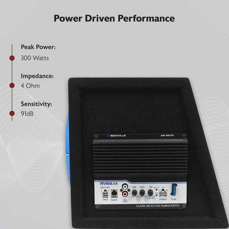 Rockville RVB8.1A 8 Inch 300W Powered Car Subwoofer/Sub Enclosure Box,