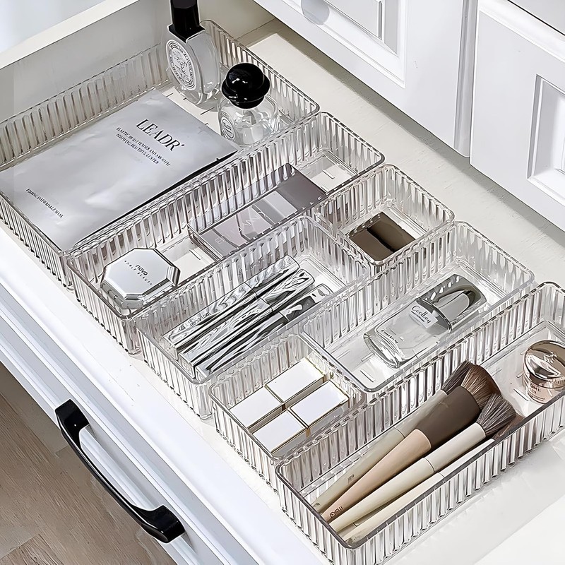 AUTUUCKEE 7pcs Clear Drawer Organizer, 4 Sizes Stackable Makeup Drawer