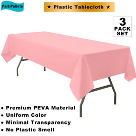 PartiPallete 3-Pack Premium Plastic Pink Tablecloth Disposable 54 x 108 Inches Rectangle Table Cover Party PEVA Table Cloths for Parties Birthday Wedding Bridal Shower Events Fits up to 8 ft Tables