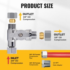 JUWO Tee Stop Valve 3/8"×3/8"×3/8" or 1/2" Toilet T Adapter for Washlet Bidet, Handheld Sprayer, Toilet Tank, Kitchen,