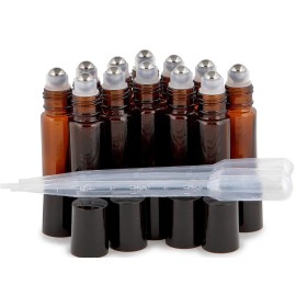 Global 12 Pk, Amber, 10 ml Glass Roll-on Bottles , Stainless Steel Roller + 3 Droppers