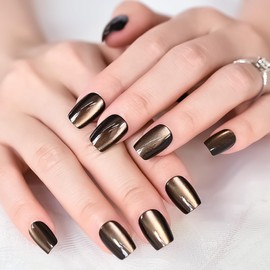 30pcs Glossy Black Press On Nails with Shimmery Golden Coffin Medium Nails Women Girls Gifts Salon Manicure Cat Eye Gel Nail Art Tips Fake Nails Reusable Acrylic False Nails Glue On Nails