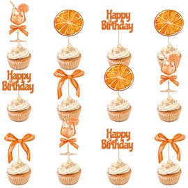 Orange Decoration Birthday Cupcake Toppers - Pack of 24 Birthday Orange Glitter Orange Birthday Decoration Women Men for Cocktail Bachelorette Summer Beach Party Orange Citrus Party