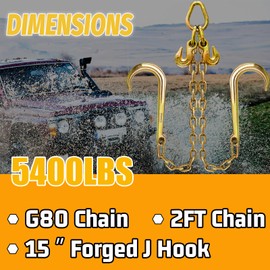 SENKEYFE G80 V Bridle Chain 5/16" × 2Ft Tow Chains with 15" G70 J Hook and Grab Hooks Heavy Duty Trailer Transport Tow Chain Bridle with 5400 Lbs Working Load Limit Car Trailer Accessories for Flatbed