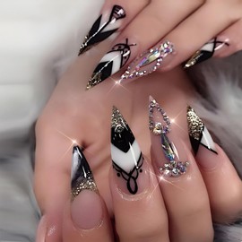 SINHOT Press on Nails Long Stiletto Luxury Rhinestone Fake Nails Glossy Glue on Nails Black Acrylic Nails Almond Bling Gold Glitter Artificial Nails Stick on False Nails with Design 24 pcs