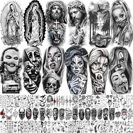 SHELYEXIEN 73 Láminas De Tatuajes Temporales Chicanos De Halloween Para Mujeres, Hombres Y Adultos: Cholo, Chola, Nuestra Señora De Guadalupe, Religión, Chicana, Pandillero, Prisionero, Cultura Mexica