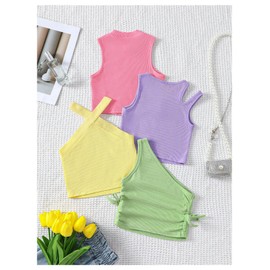 OYOANGLE Toddler Girl's 4 Pack Ribbed Knit Crop Tank Tops Set One Shoulder Summer Camisole Multicolor 7Y