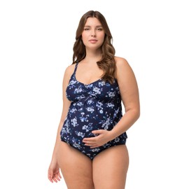 Ulla Popken Ladies Plus Size Plus Size Bellieva Tankini Maternity Floral Striped Ruffle Adjustable Straps 825430, navy, 52