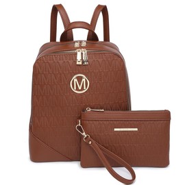 MKP Women Fashion Double Zipper Medium School Backpack Purse PU Leather Ladies Travel Shoulder Bag Set 2Pcs backpackeyes - Color: Light coffee-1