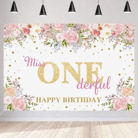 Miss Onederful Birthday Backdrop Watercolor Flowers Golden Dots First Birthday Photography Backdrop Baby Girl Happy 1st Birthday Party Decorations Supplies 120cm