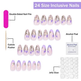 Flower Press on Nails Medium Almond SWEKKE Purple French Tip Fake Nails False Nails with Daisy Lavender Designs Full Cover Glossy Glue on Nails Spring Summer Acrylic Nails for Women Girls 24 Pcs