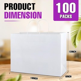 BURVAGY 16x6x12 Inch 100 Pcs Kraft Paper Bags with Handles Bulk, Kraft Shopping White Large Recycled Gift Paper Bags with Handles for Small Business, Retail,Boutique,Grocery