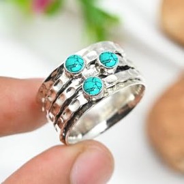 JEWELSTREZORO Lab Created Turquoise Gemstone Silver Band Ring Solid 925 Sterling Silver Band Ring Handmade for Men And Women Band Ring TSR1269BU_16 (P 1/2)