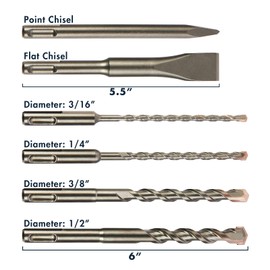 MACP 6-Piece SDS-Plus Shank Chisel and Carbide Masonry Trade Set Drill Bit Set Flat Chisel Point Chisel, 3/16"x6", 1/4"x6", 3/8"x6", 1/2"x 6", Flat Chisel 0.8"x5.5", Point Chisel 5.5"