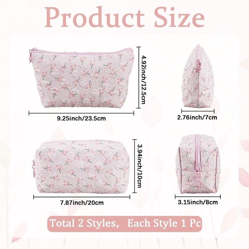CABODYALS 2Pcs 2 Styles Pink Cute Floral Makeup Bag Set