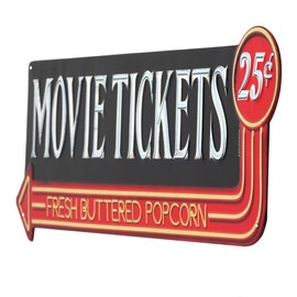 Movie Tickets 25 Cents Embossed Metal Sign - Large Vintage Movie Room Wall Art With Arrow