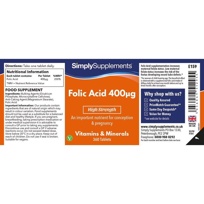 Folic Acid (Vitamin B9) 400mcg | 360 Tablets = Up
