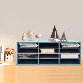 MhdunueSK Mail Sorter, 12 Compartments Paper Organizer Storage, Wood Literature Organizer, Mailbox for Classroom, File Sorter for Home Library Office (Blue)