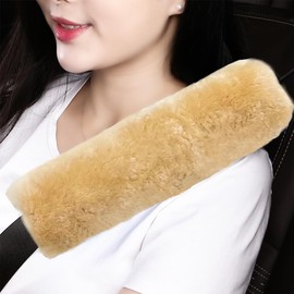 AOGELAN Fluffy Fuzzy Genuine Sheepskin Car Seat Belt Cover for Soft Auto Lambswool Seatbelt Pad, Shoulder Strap Cushion Adults Kids (1, Honey Beige)