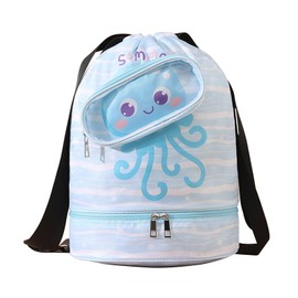 SacJkt Swimming Bag Children, Swimming Backpack, Backpack with Drawstring, Children, Waterproof, Gym Bag with Separation, Shoe Compartment for Girls and Boys, Blue Octopus