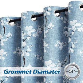 FMFUNCTEX 100% Blackout Floral Curtains for Bedroom, Blue Curtains 54 inch Length Blossom Flower Patterned for Living Room, Thermal Insulated Farmhouse Drapes, Grommet Top 2 Panels (White on Blue)