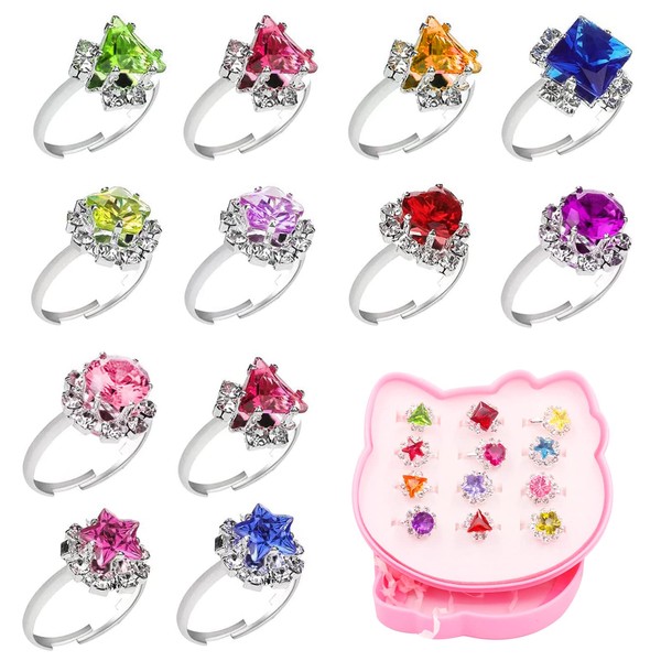 Cosysparks Adjustable Rings Set for Little Girls, 12Pcs Girls Crystal Jewelry Rings Colored Diamante Girls Rings with Cat Shape Box Princess Rings for Children Birthday Party(Random)