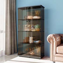 FANYUSHOW Glass Display Cabinet with 4 Shelf Double Door Curio Cabinet with Brown Glass 5mm Tempered Glass Display Case for Living Room, Bedroom, Kitechen, 64" H x 32" L x 14" W, Black