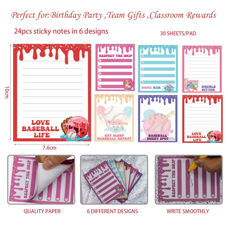 Ice Cream Drip Baseball Sticky Notes and Pens 24Set Baseball