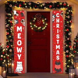 Cat Christmas Banner Lights Hanging Banner Front Door Porch Yard Lawn Winter Xmas Merry Christmas Decorations for Home 71x12 Inch