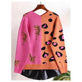 WDIRARA Women's Leopard Tiger Print Cardigan V Neck Long Sleeve Color Block Button Down Sweater Outwear Pink Medium