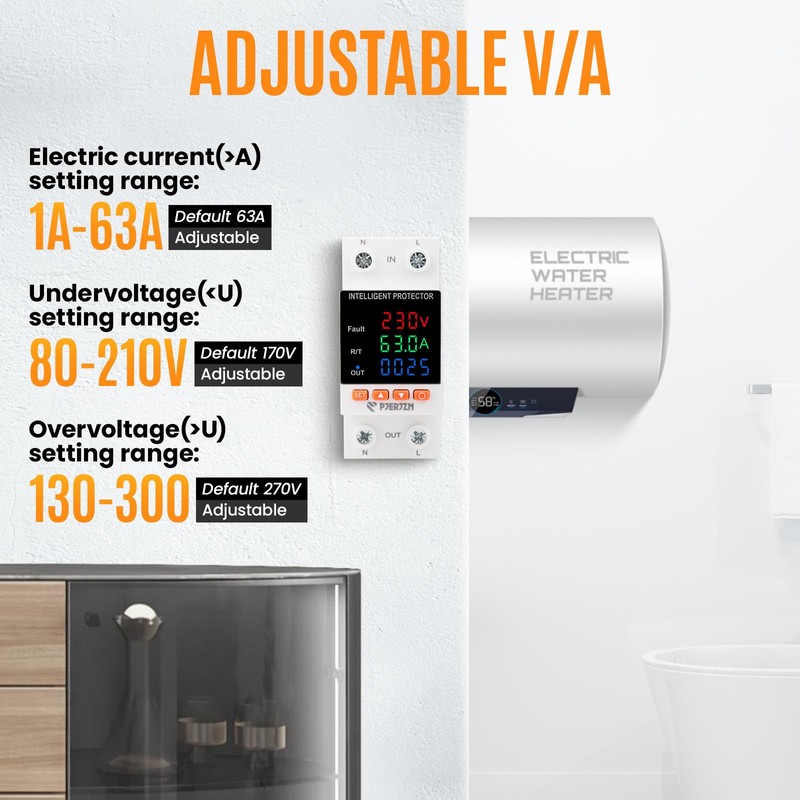 PJERJZN 230V 63A Smart Voltage Protector - Adjustable Over/Under Voltage