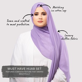 KHELANI Premium Chiffon Hijab Set for Women | Lightweight Non-Slip Muslim Head Scarf with Matching Undercap | Luxury Soft & Elegant Chiffon Hijabs UK Wrap with Matching Tube Cap (Amethyst)