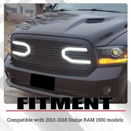 HECASA Front Big Horn Grille Replacement Shell Compatible with 2013-2018 Dodge RAM 1500 (W/Light) Black