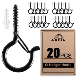 ADIIL 20 PCS Q Hanger Hooks with Safety Buckle, Windproof Screw Hooks for Hanging Outdoor String Lights, Plants, Christmas Patio Lights, 2.2 Inches, Black