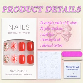 Christmas Press on Nails Short Square Winter Fake Nails Wine Red Full Cover Holly Bow False Nails with Designs Glossy Glue on Nails Cute Acrylic Manicure Artificial Nails for Women Girls 24Pcs