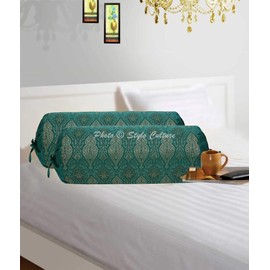Stylo Culture Ethnic Cylindrical Settee Bolster Pillow Covers Emerald Green Damask Silk Jacquard Weave Round Tube Pillow Traditional Floral Tubular Brocade Cushion Covers - (76x38 cm) | Set of 2 Pcs