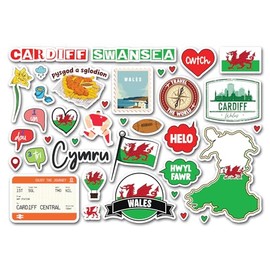 A5 Sticker Sheet Wales Landmarks Vinyl Stickers - Welsh Cardiff Words Map Flag Travel Holiday Country Language City School Scrapbook #83358